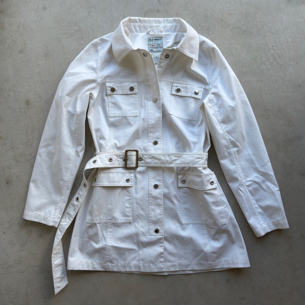 Vintage Old Navy White Utility Belted Field Jacket Womens Medium Snap Front Coat